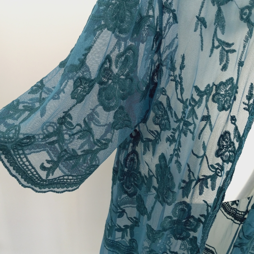 *SOLD* CRACKER BARREL Boho Chic Teal Floral Lace Mesh Kimono Duster Beach Cover - Picture 3 of 12